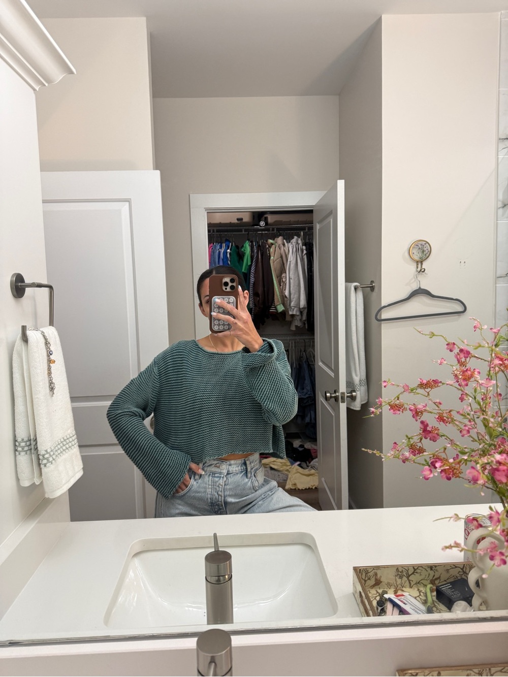 EARTHBOUND Cropped Crew Sweater in Teal Green